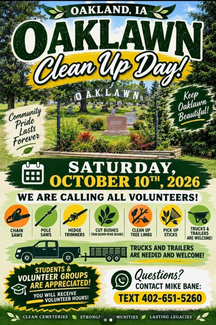 oaklawn cemetery cleanup day. saturday october 10, 2026 starting at 9am. bring helpful tools for brush cleanup.