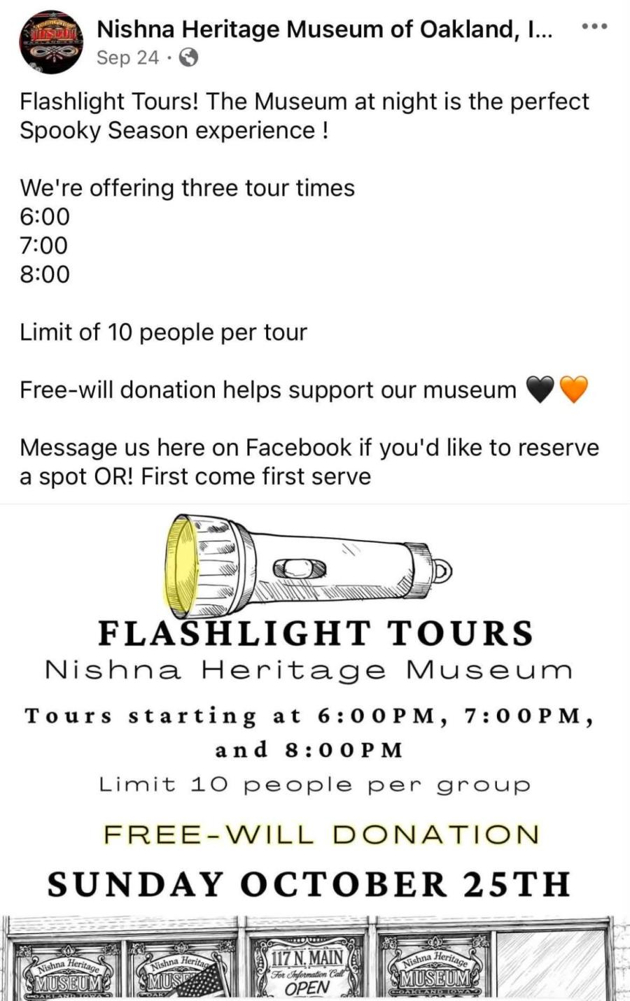 nishna heritage museum flashlight tours. Sunday October 25th, 3 times available: 6pm 7pm and 8pm. limited to 10 per group, free will donation to the museum