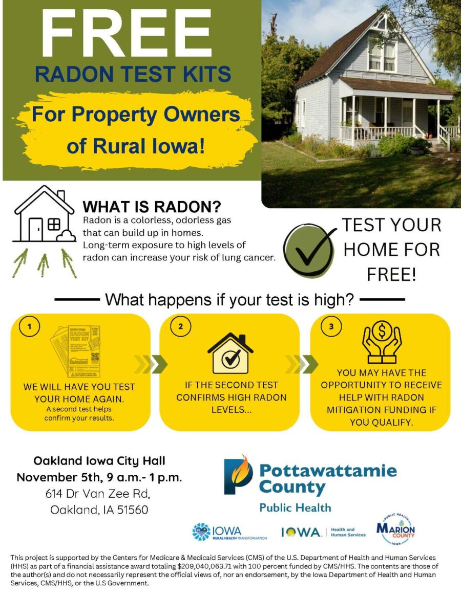 free radon test kits supplied by Pottawattamie County Public Health. Available at Oakland City Hall on November 5th, 2026 from 9am-1pm.