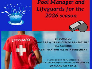 now hiring, red and blue, lifeguard, pool manager, due April 1st
