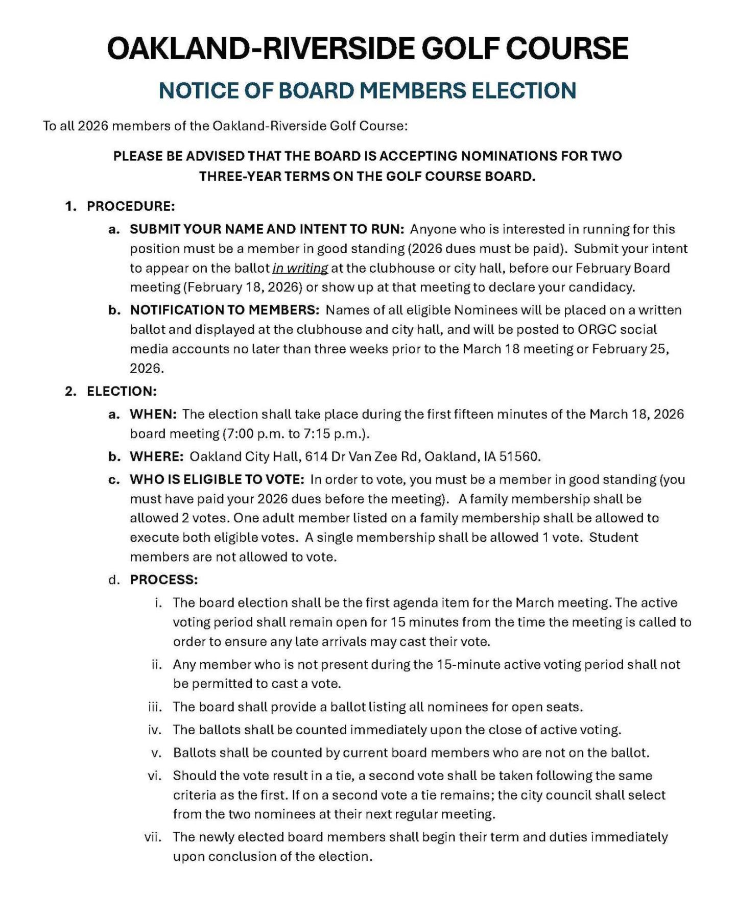 golf course board openings, due february 18, 2 - 3 years terms 