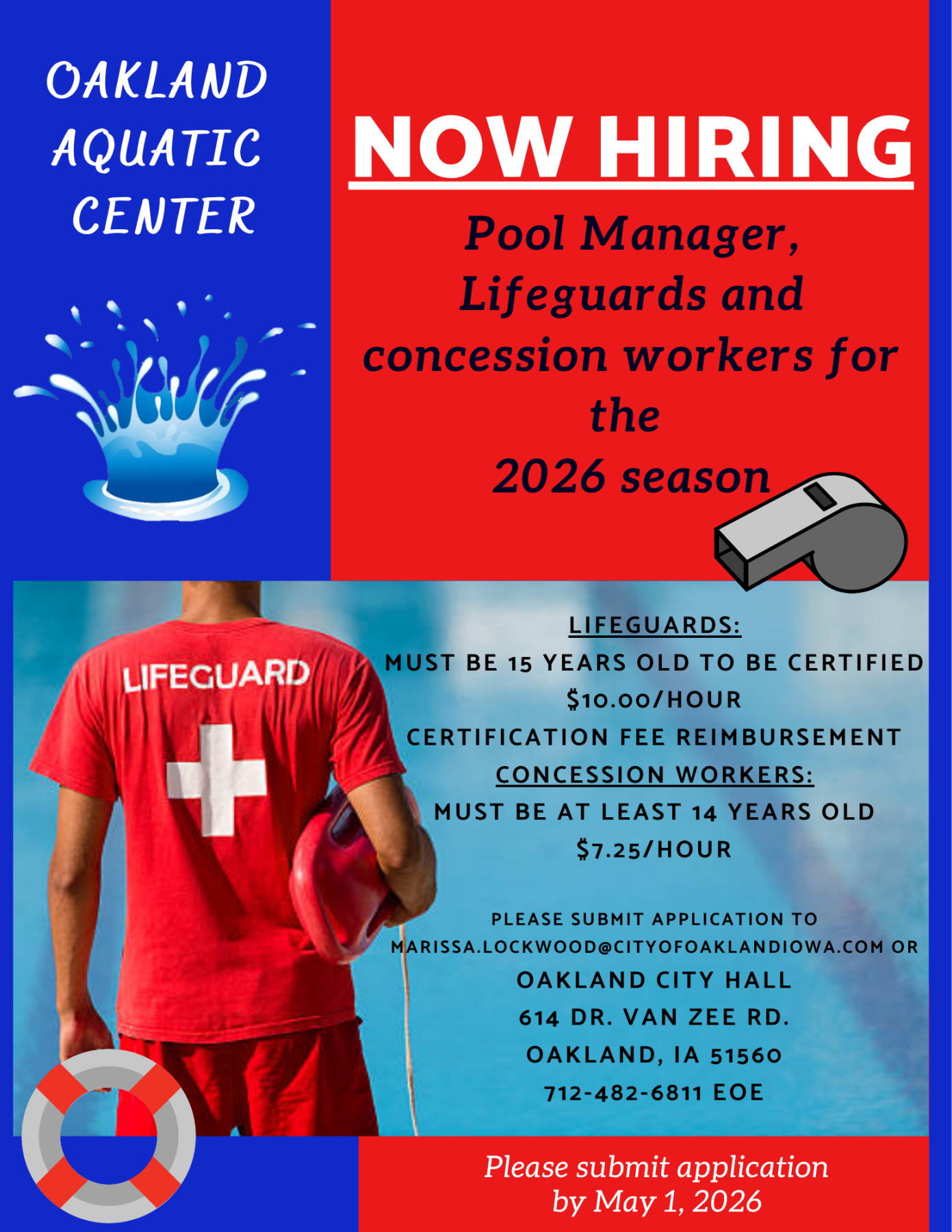 lifeguard, pool manager, job openings, due May 1st